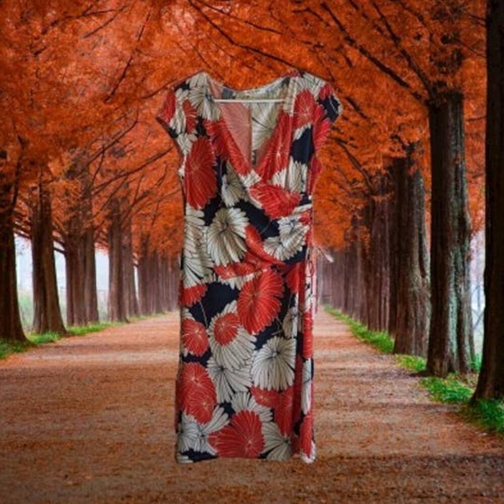 Evan-Picone 12 NWOT cap sleeve , faux wrap, black, orange, white dress. Fall